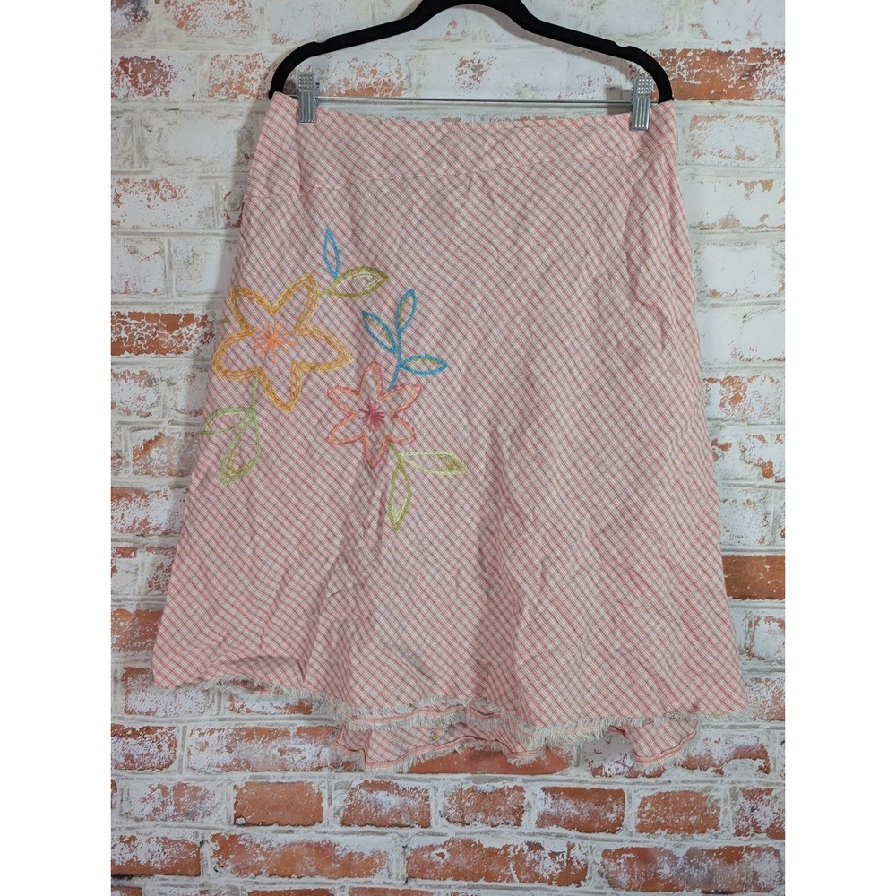 J.‎ Jill Linen Embroidered Skirt Womens 12P Pink Plaid Floral A-Line Fringe
